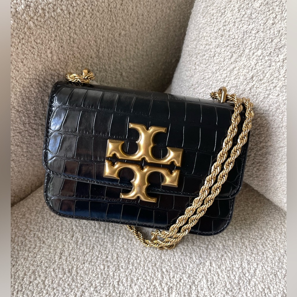 NEW Tory Burch Small Eleanor Croc Embossed Convertible Shoulder Bag- Black Gold